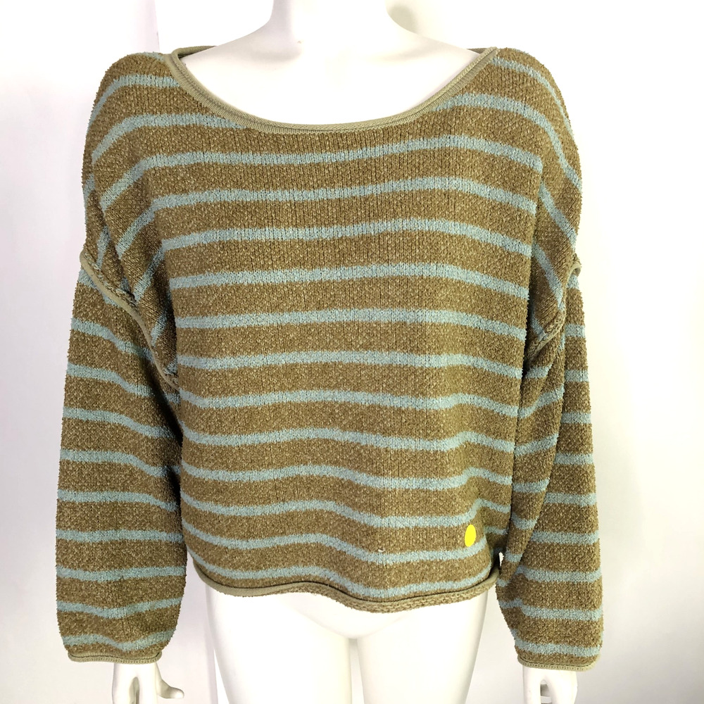 Free People Bardot Oversized Small Women's Pullover Sweater Brown Blue HOLE